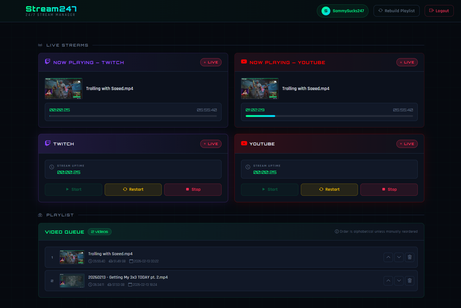 Stream247 Dashboard — real-time stream management